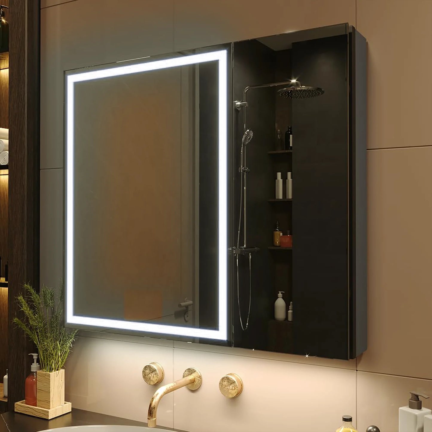 Oglinda LED cu Dulap STRATO 75x70 cm Alb – Iluminare Completa si Depozitare Spatioasa