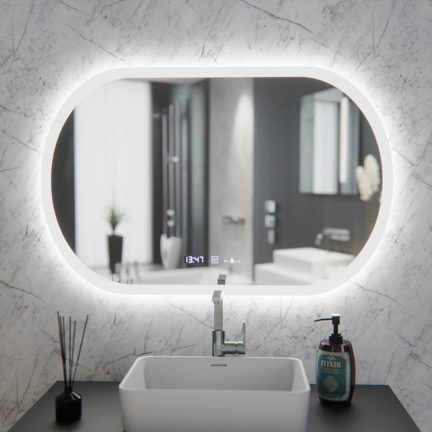 Oglinda LED Ovala, 80x50cm, Altera Senzor MotionGlow Marcello, Sistem Dezaburire, Ceas & Termometru, Dimabila