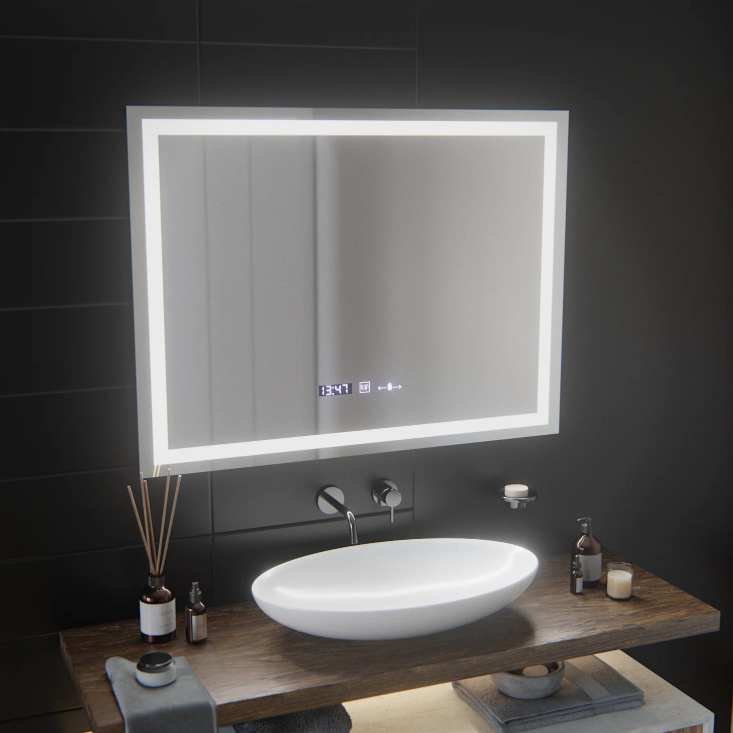 Oglinda LED Rectangulara, 100x75cm, Verite MotionGlow Marcello, Sistem Dezaburire, Ceas & Termometru, Dimabila