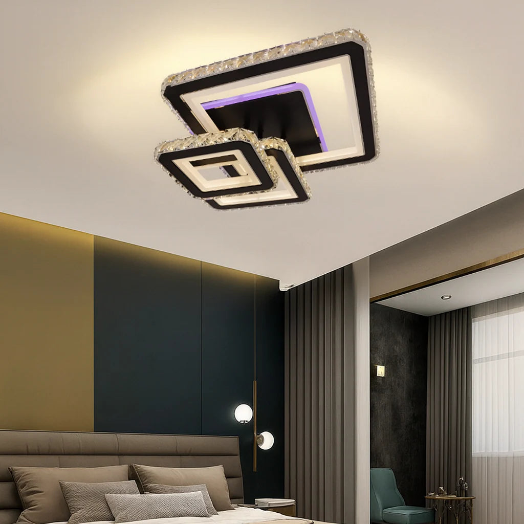 Lustra LED cu telecomanda si cristal NOVA QUADRIA RGB, 154W, 3 Patrate, lumina Rece/Calda/Neutra, Dimabila, Negru