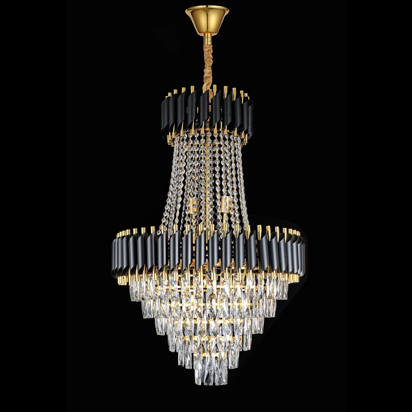 Candelabru Cristal CC900/800X1200, 23xE14, Diametru 80cm, Inaltime 120cm, Auriu Lucios si Negru, Inaltime Reglabila, Design Elegant