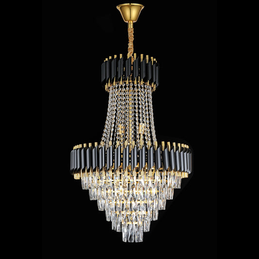 Candelabru Cristal CC900/800X1200, 23xE14, Diametru 80cm, Inaltime 120cm, Auriu Lucios si Negru, Inaltime Reglabila, Design Elegant