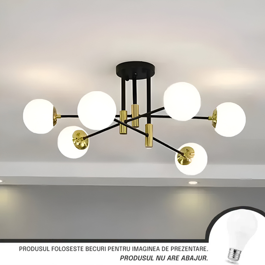 Lustra cu Abajur Alb Rotund, PENTHOUSE Lounge, 6xE27, Negru Auriu, Metal