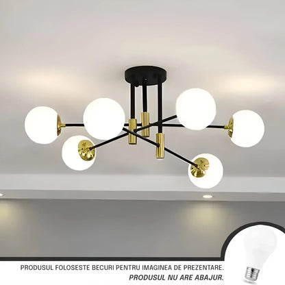 Lustra cu Abajur Alb Rotund, PENTHOUSE Lounge, 6xE27, Negru Auriu, Metal