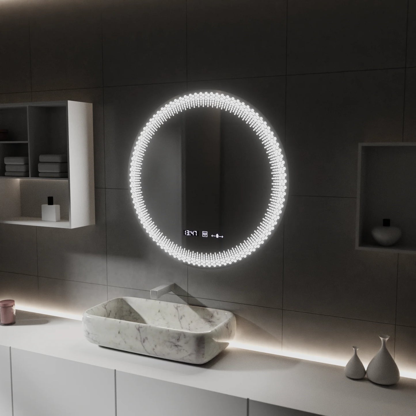 Oglinda LED Rotunda W47/60X60, 60cm, MotionGlow Marcello, Sistem Dezaburire, Ceas & Termometru, Dimabila