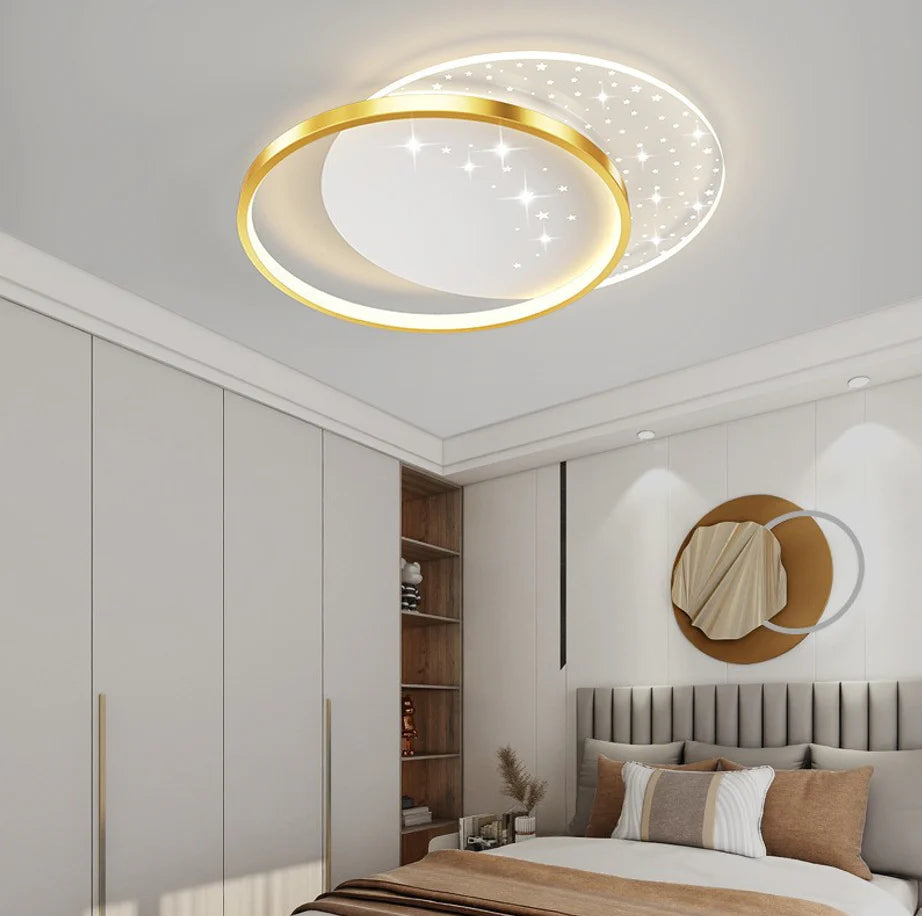 Lustra LED cu telecomanda LUNARO 38W, 2 Cercuri, lumina Rece/Calda/Neutra, Dimabila, Auriu Alb