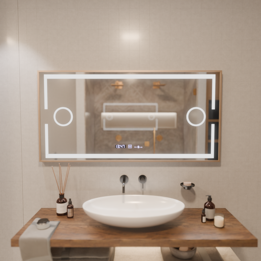 Oglinda LED Senzor MotionGlow Sofia cu functie Dezaburire Termometru Ceas 110x65 cm Lumina Calda/Rece/Neutra Dimabila,Ra