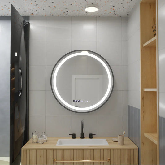 Oglinda LED Rotunda 60 Celeste Majeste Noir Eleve MotionGlow Marcello, Curea Piele Ecologica, Sistem Dezaburire, Termometru si Ceas, Dimabila