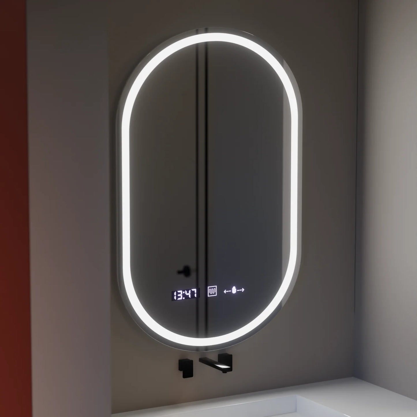 Oglinda LED Ovala 50x80 Eminence MotionGlow Marcello, Sistem Dezaburire, Termometru si Ceas, Dimabila