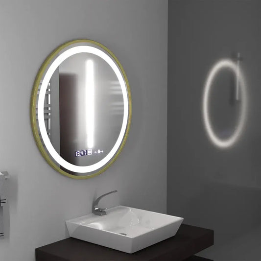 Oglinda LED Rotunda 60 â€“ Celeste Royale Gold MotionGlow Marcello, Sistem Dezaburire, Termometru si Ceas, Dimabila