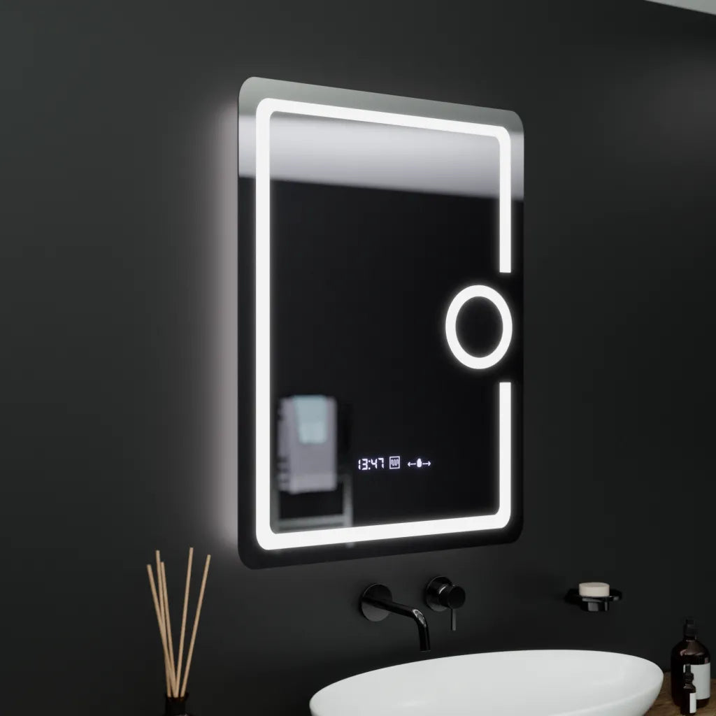 Oglinda LED Rectangulara, 60x80cm, Eclat MotionGlow Marcello, Ceas & Termometru, Sistem Dezaburire, Lupa Cosmetica, Dima