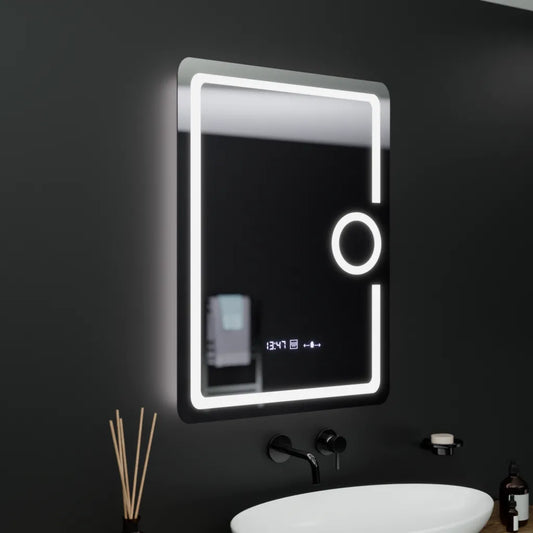 Oglinda LED Rectangulara, 60x80cm, Eclat MotionGlow Marcello, Ceas & Termometru, Sistem Dezaburire, Lupa Cosmetica, Dima