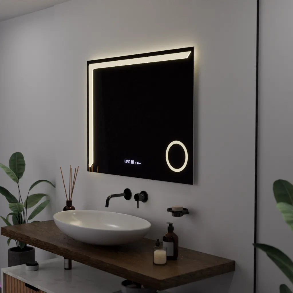 Oglinda LED Rectangulara 80x60 Precision MotionGlow Marcello, Lupa Cosmetica, Sistem Dezaburire, Termometru si Ceas, Dimabila