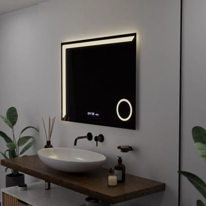Oglinda LED Rectangulara 80x60 Precision MotionGlow Marcello, Lupa Cosmetica, Sistem Dezaburire, Termometru si Ceas, Dimabila