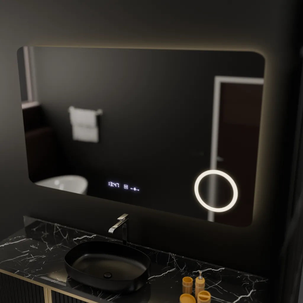 Oglinda LED Rectangulara 100x60 Celeste MotionGlow Marcello, Lupa Cosmetica, Sistem Dezaburire, Termometru si Ceas, Dimabila