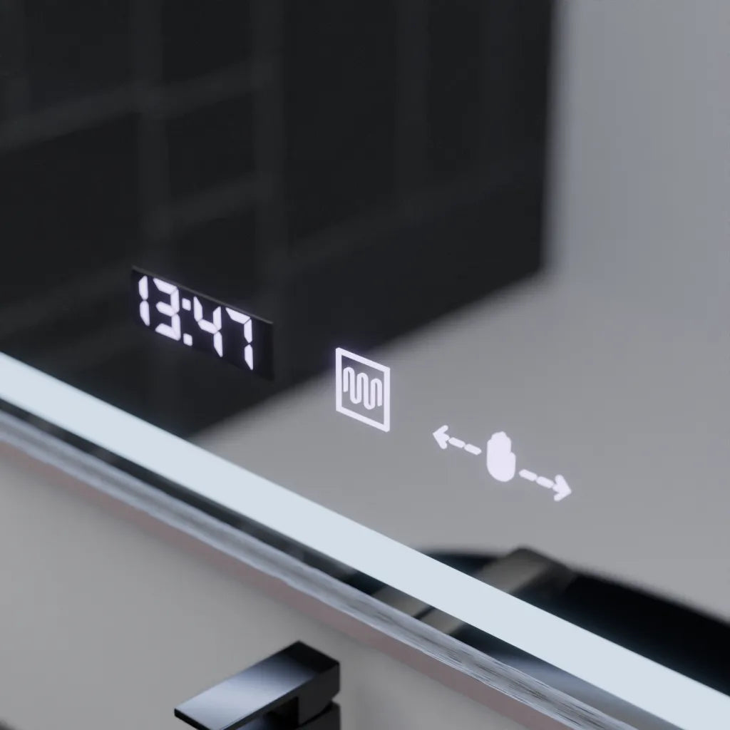 Oglinda LED Rectangulara 60x80 Verite Imperial Silver Motion Glow Marcello, Sistem Dezaburire, Termometru si Ceas, Dimabila