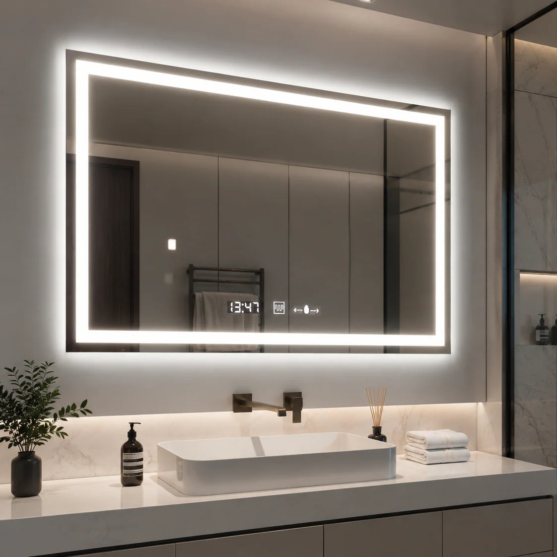 Oglinda LED Rectangulara 120x80cm Verite MotionGlow Marcello, Sistem Dezaburire, Termometru si Ceas, Dimabila