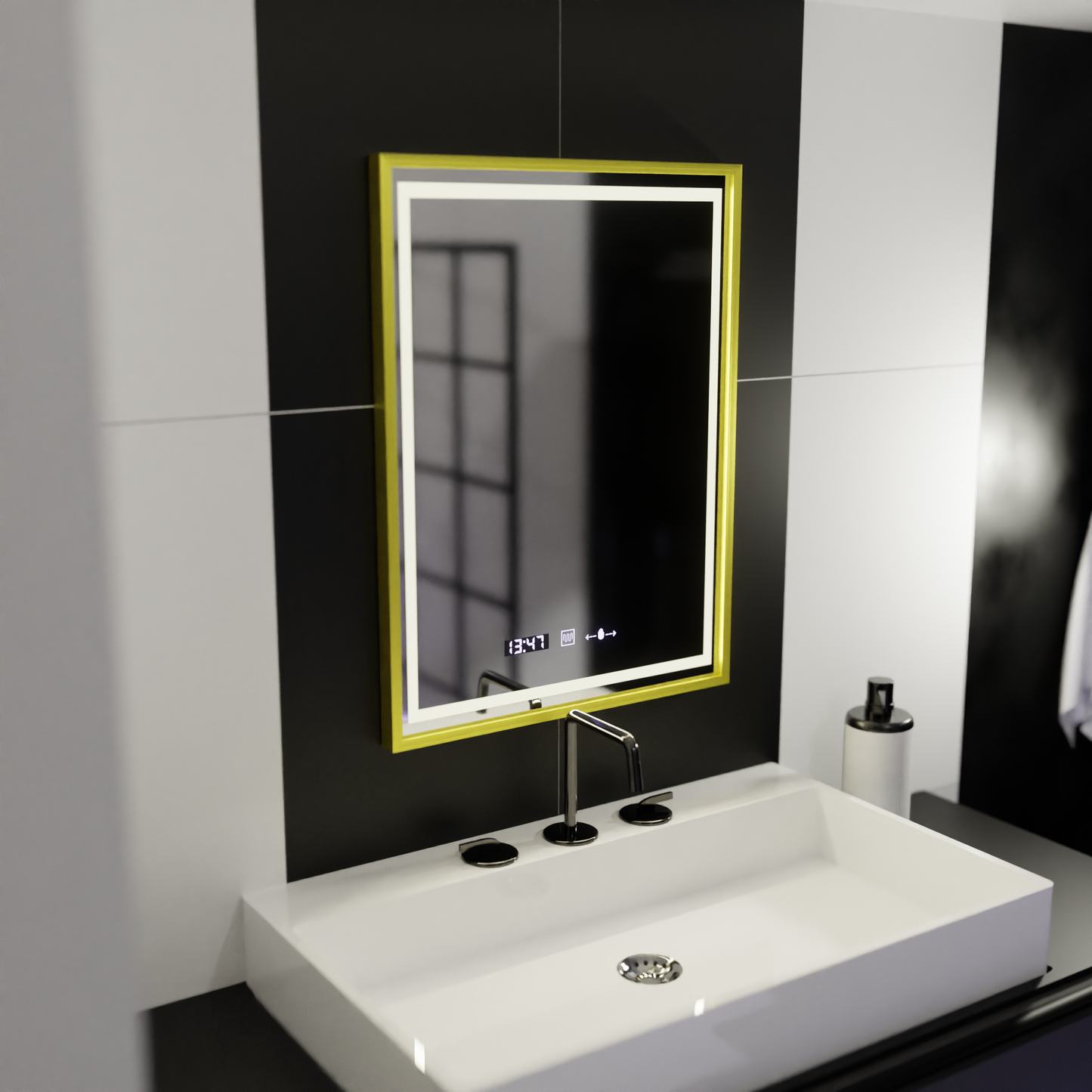 Oglinda LED Rectangulara 50x70 Verite Royale Gold Motion Glow Marcello, Sistem Dezaburire, Termometru & Ceas, Dimabila