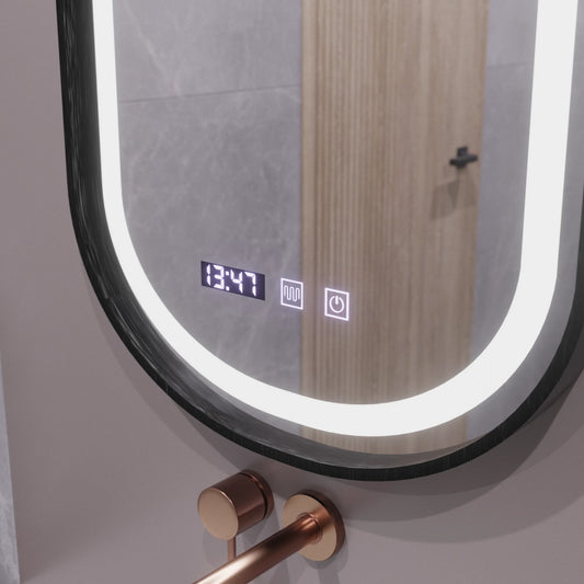 Oglinda LED Senzor Helmut Sistem Dezaburire, Ceas si Temperatura 50x80 cm Rama Negru Brushed Marcello Funghi