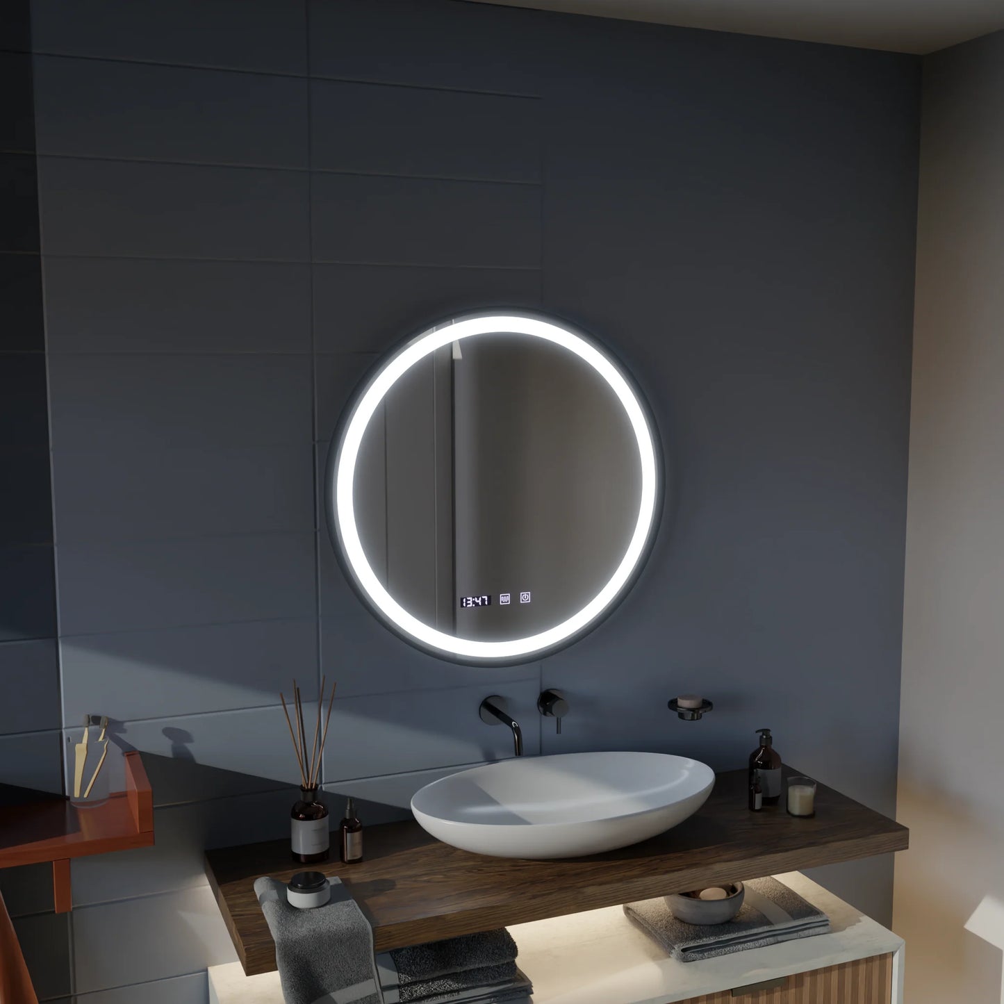 Oglinda LED Touch NOVARA Sistem Dezaburire, Ceas si Temperatura 60 cm Rama Negru Brushed