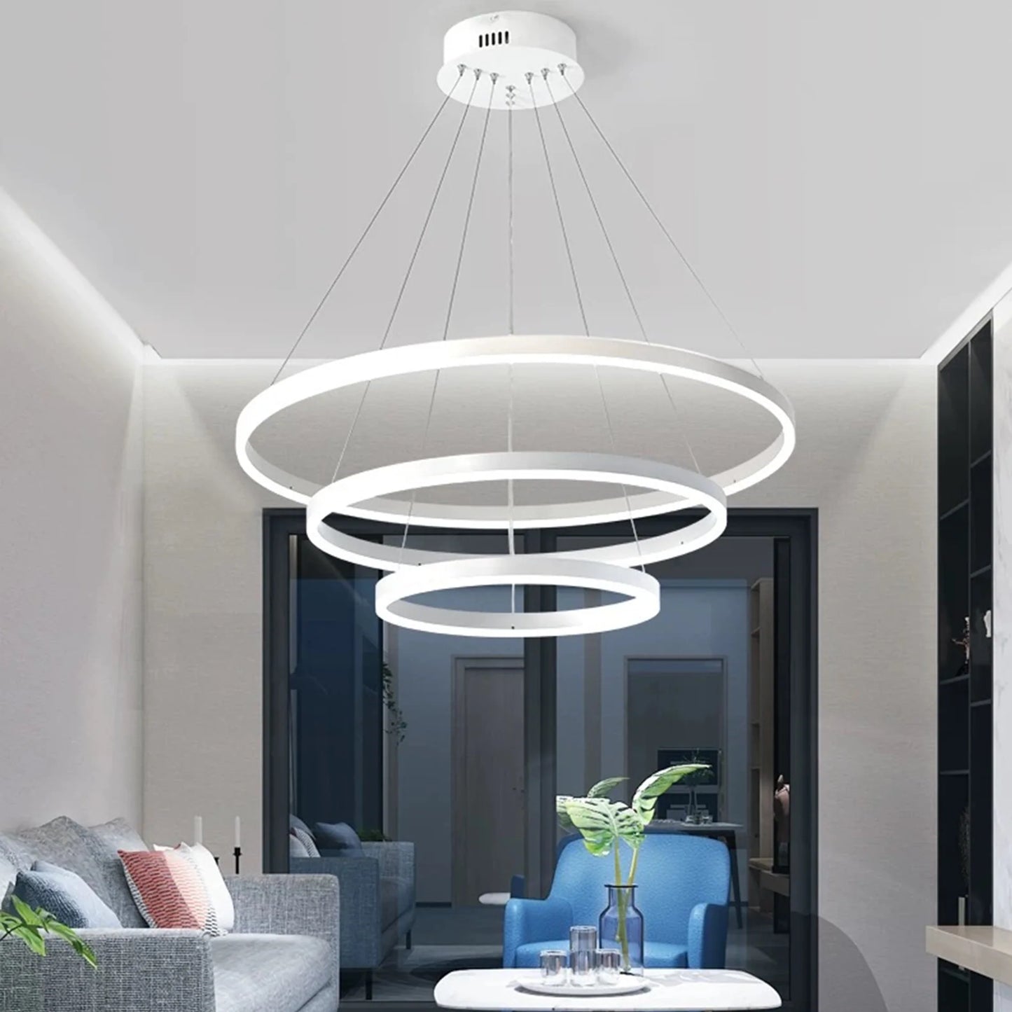 Lustra LED suspendata cu telecomanda SERENA 84W, 3 Cercuri, lumina Rece/Calda/Neutra, Dimabila, Alb, Inaltime Reglabila