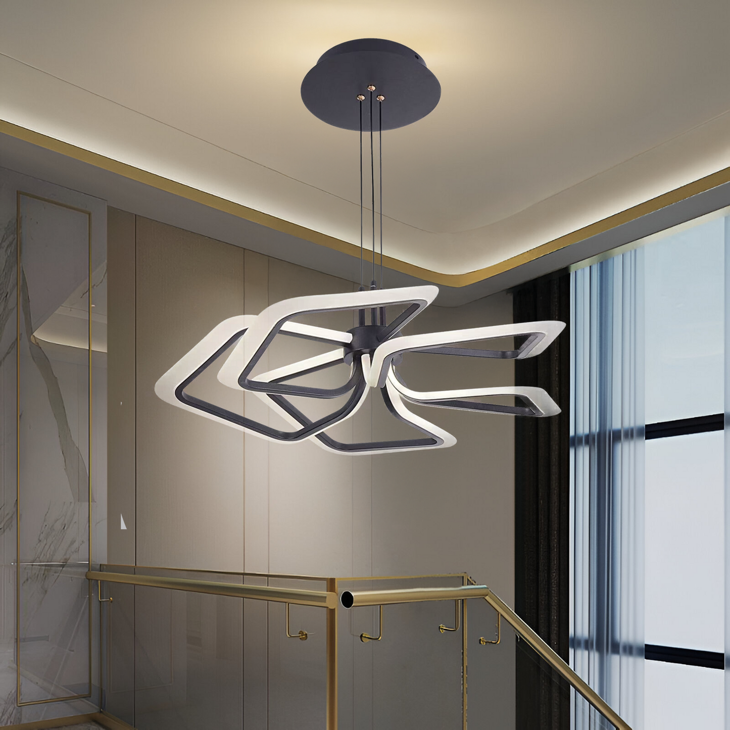 Lustra LED suspendata cu Telecomanda RIMINI 85W, 5 Patrate, lumina Rece/Calda/Neutra, Dimabila, Negru