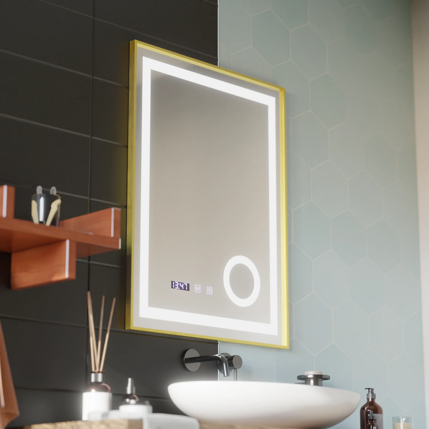 Oglinda LED Touch CLARUS Sistem Dezaburire, Ceas si Temperatura 60x80 cm Rama Auriu Brushed Lupa Cosmetica