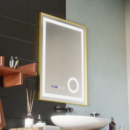 Oglinda LED Touch CLARUS Sistem Dezaburire, Ceas si Temperatura 60x80 cm Rama Auriu Brushed Lupa Cosmetica