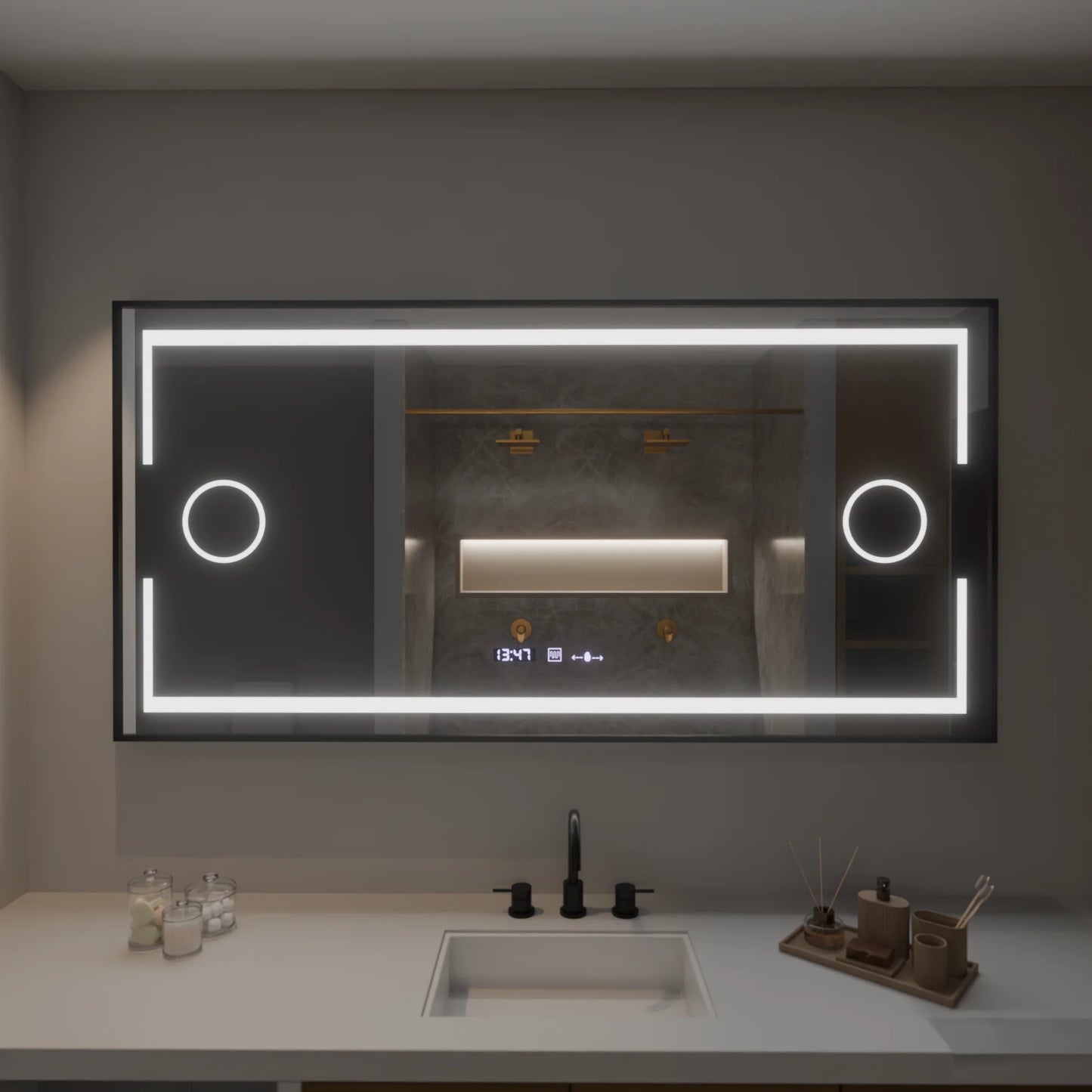 Oglinda LED Rectangulara, 160x80cm, Senzor MotionGlow Marcello, Sistem Dezaburire, Ceas & Termometru, Lupa Cosmetica, Dimabila