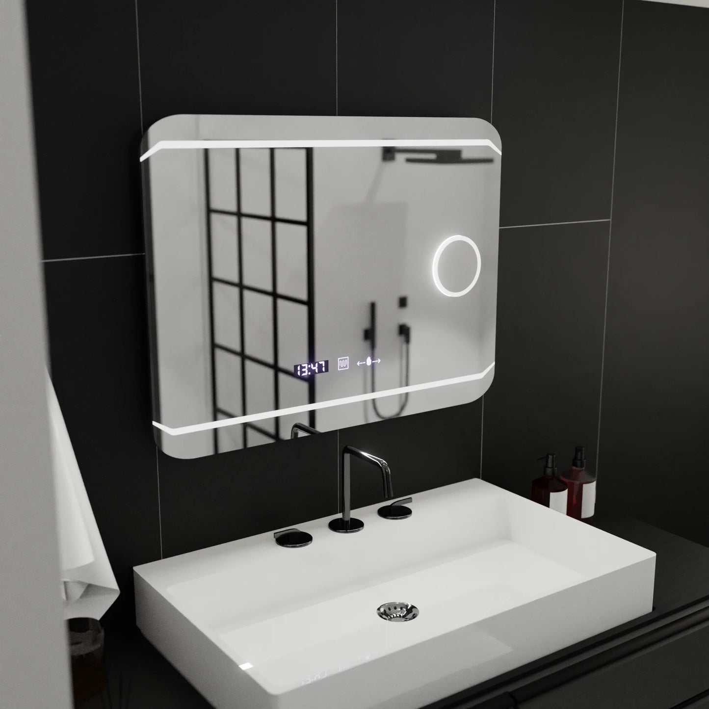 Oglinda LED Rectangulara, 80x60cm, Stile MotionGlow Marcello, Sistem Dezaburire, Ceas & Termometru, Lupa Cosmetica, Dimabila