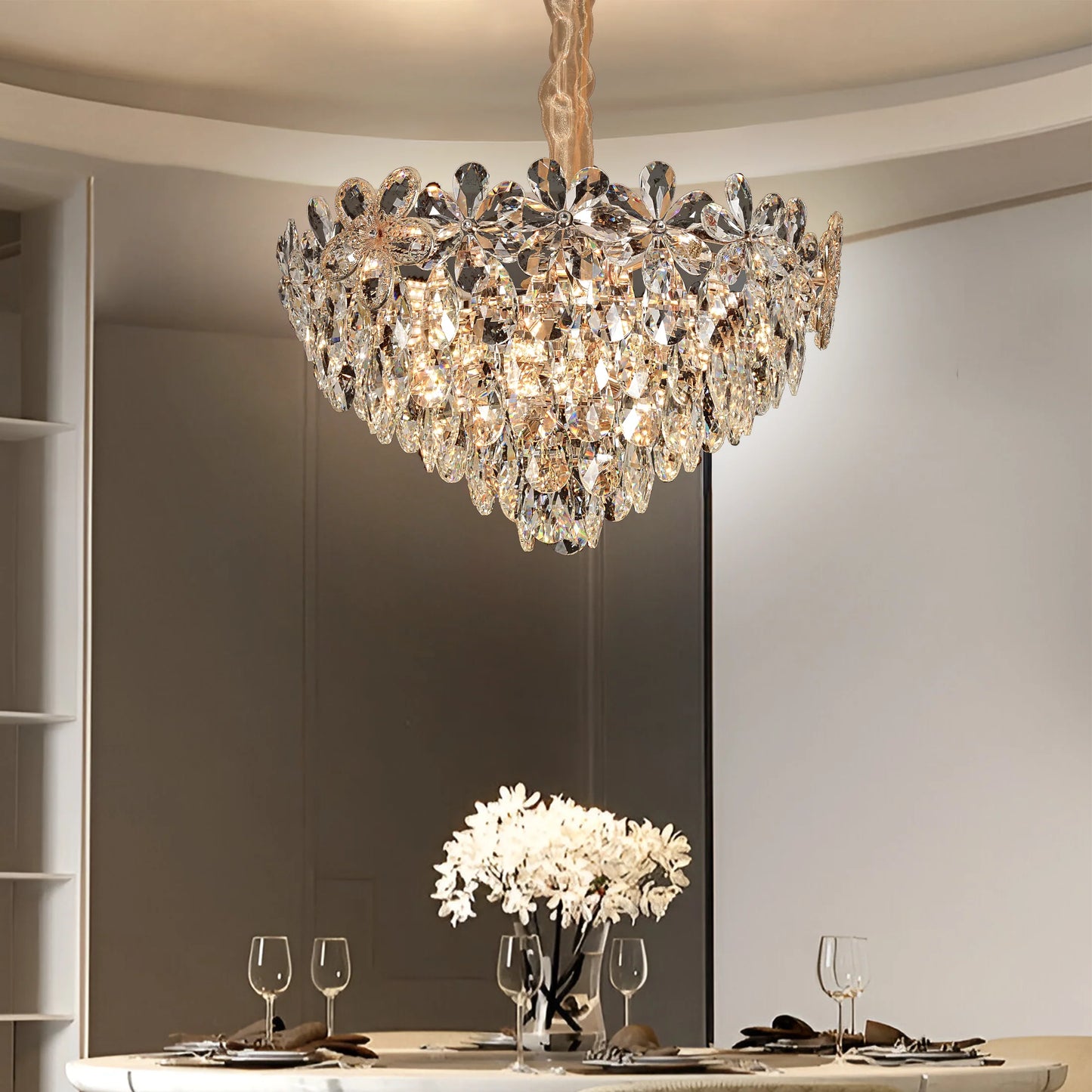 Candelabru Cristal Magno 11xE27, Diametru 60cm, Auriu Lucios si Negru, Inaltime Reglabila