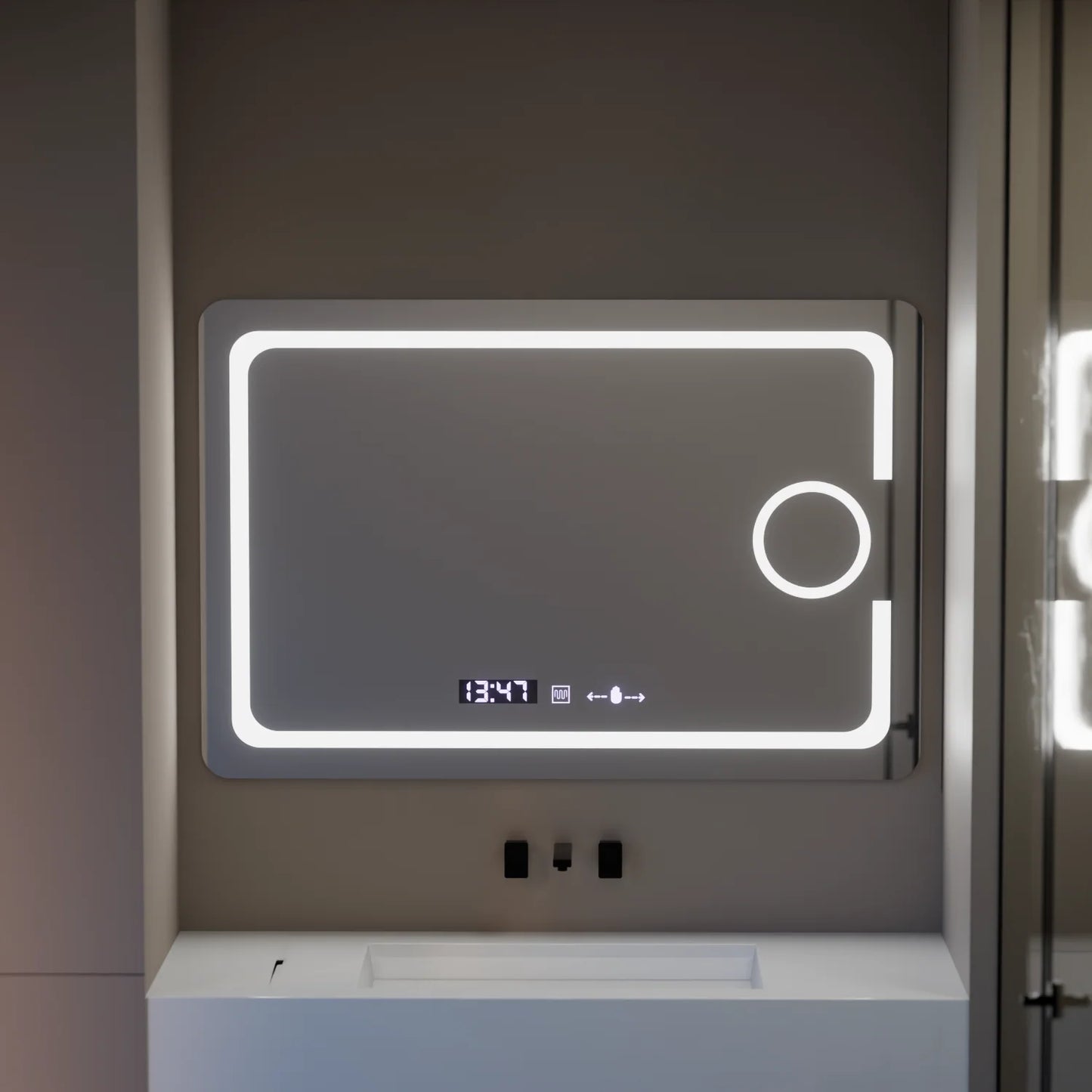 Oglinda LED Rectangulara, 120x80cm, Eclat MotionGlow Marcello, Sistem Dezaburire, Ceas & Termometru, Lupa Cosmetica, Dimabila