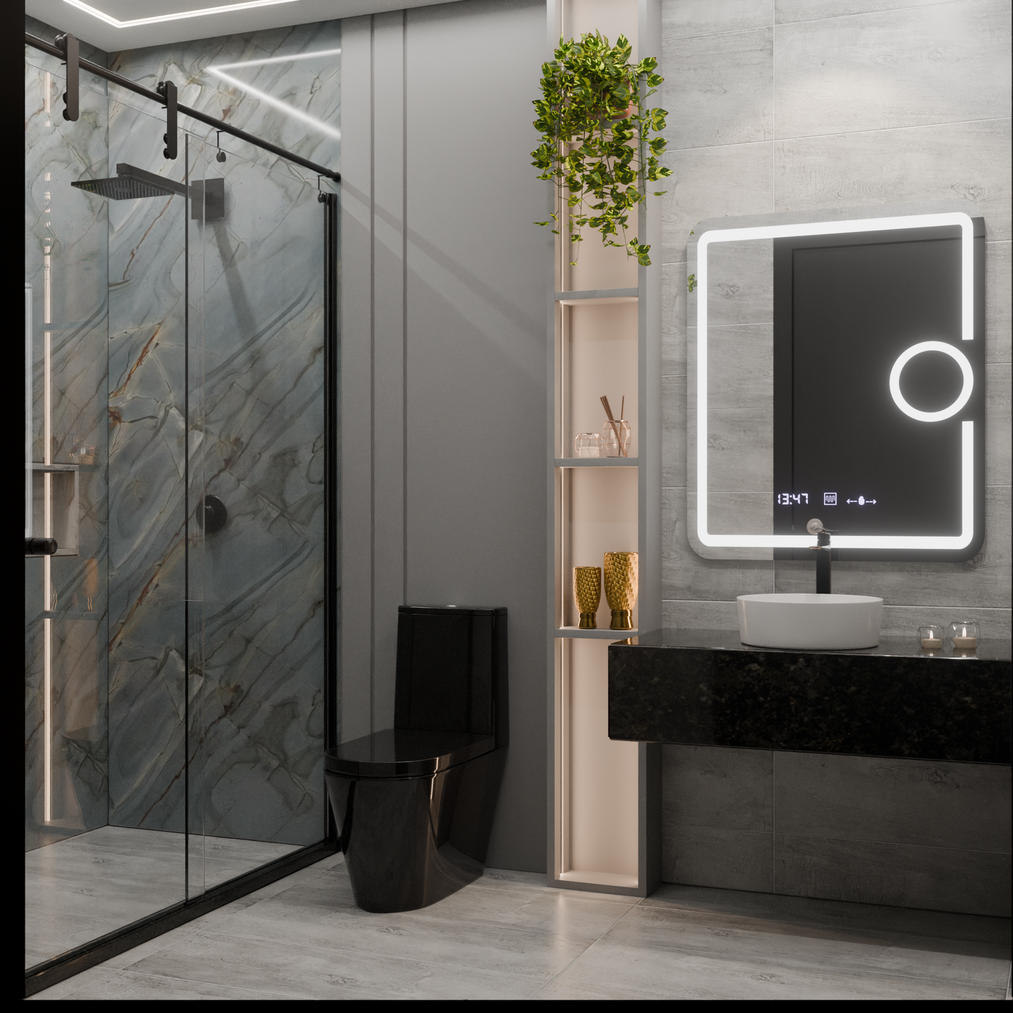 Oglinda LED Rectangulara, 75x90cm, Eclat MotionGlow Marcello, Sistem Dezaburire, Ceas & Termometru, Lupa Cosmetica, Dima