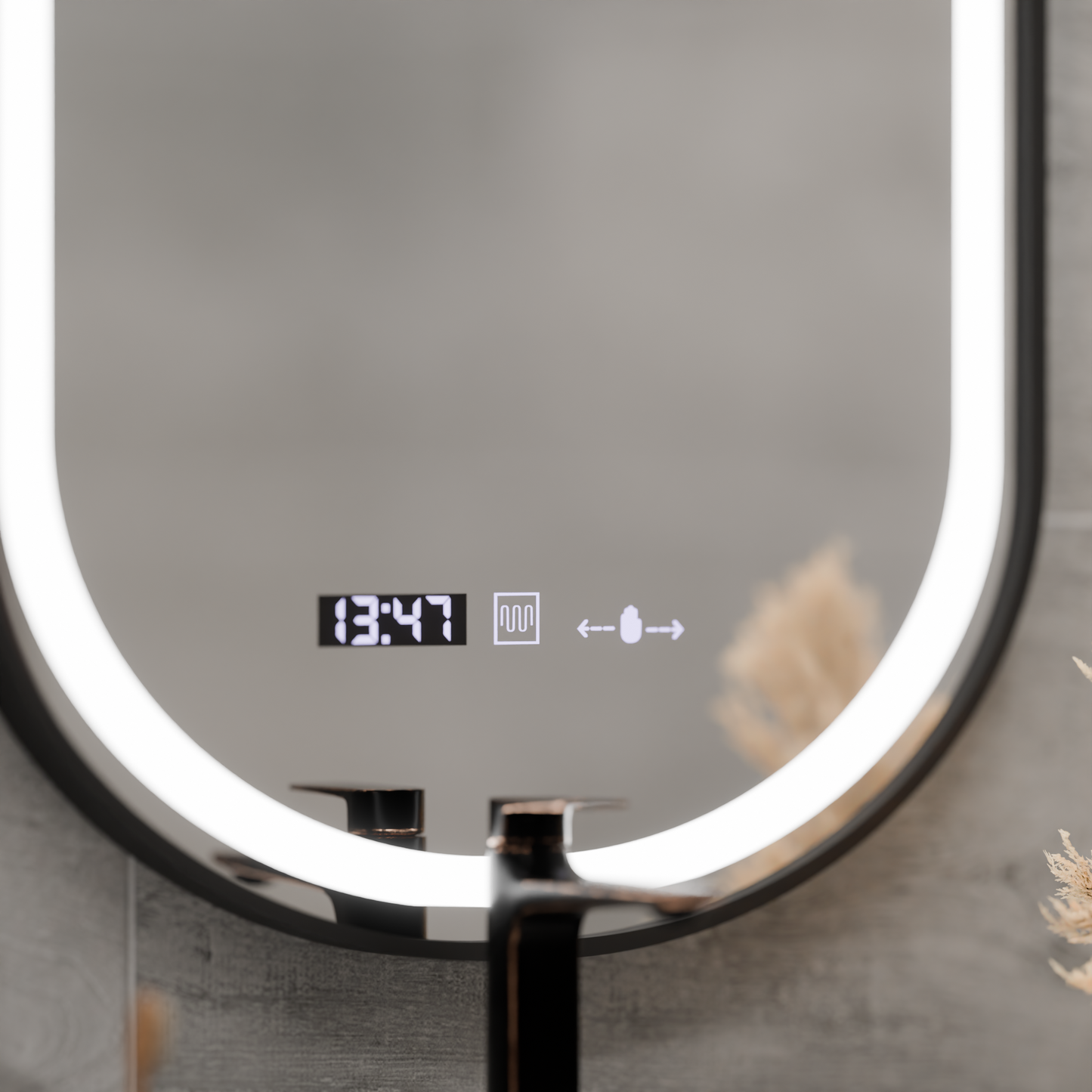 Oglinda LED Senzor Helmut Sistem Dezaburire, Ceas si Temperatura 50x90 cm Rama Negru Brushed Marcello Funghi