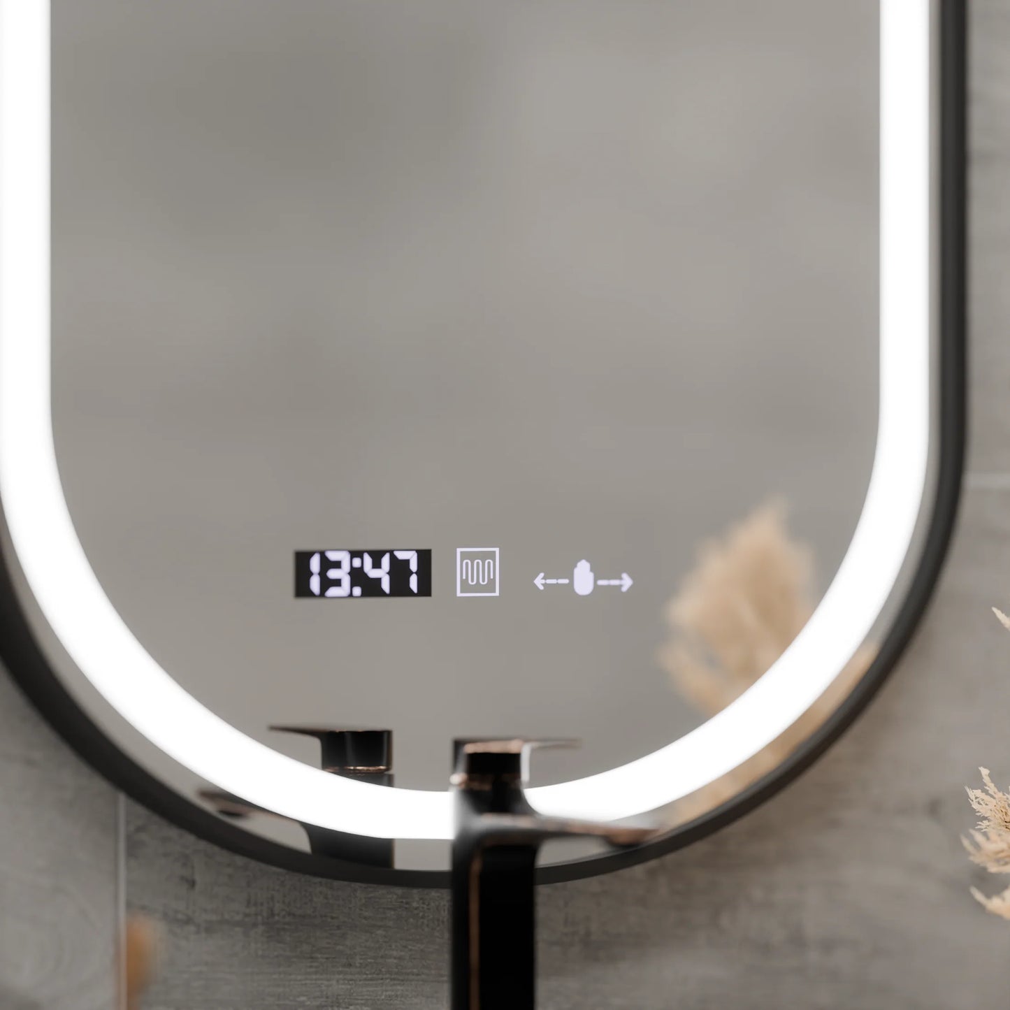 Oglinda LED Touch Helmut, Sistem Dezaburire, Ceas si Temperatura 45x90 cm, Rama Negru, Brushed Marcello Funghi