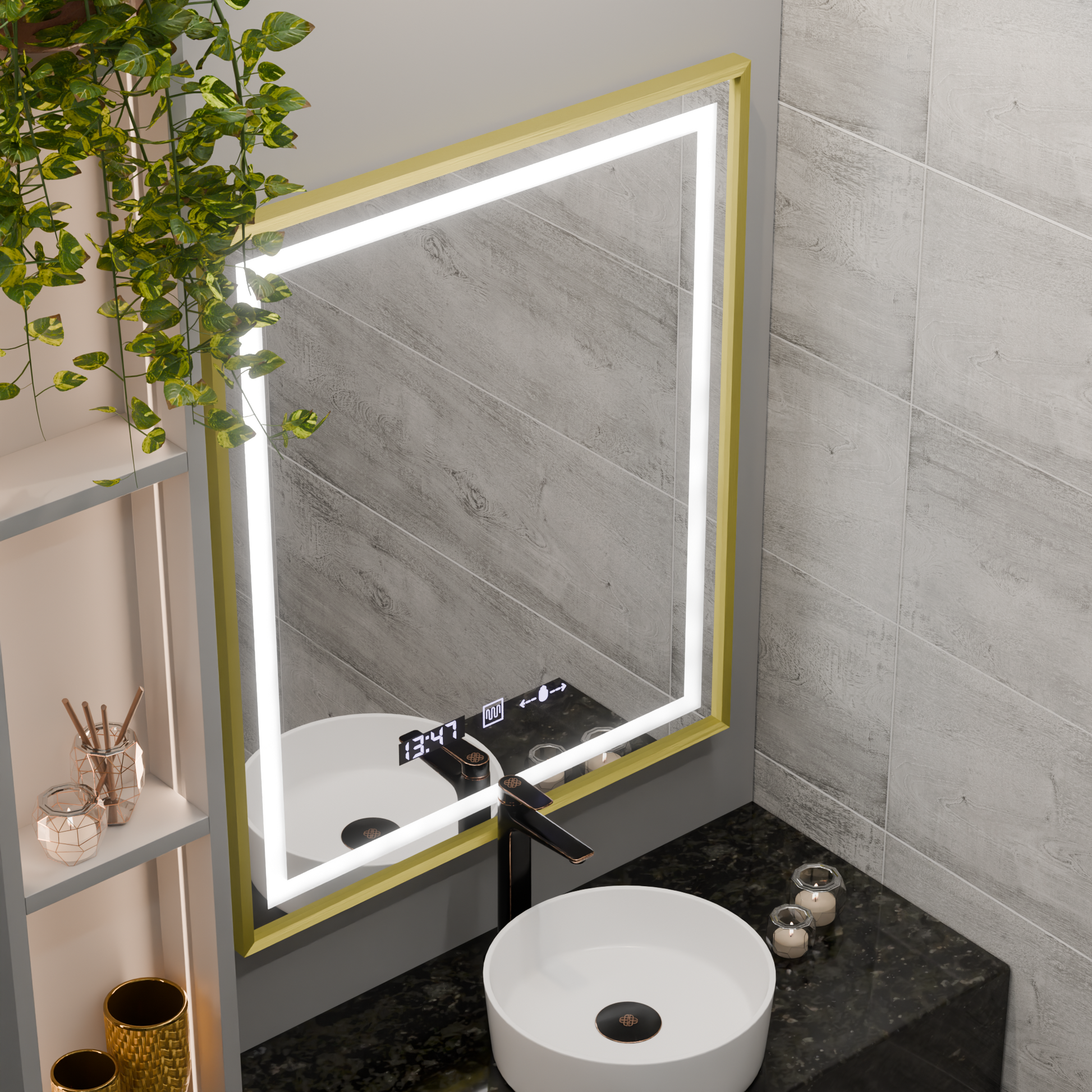 Oglinda LED Rectangulara 75x90 Verite Royale Gold MotionGlow Marcello, Sistem Dezaburire, Termometru si Ceas, Dimabila