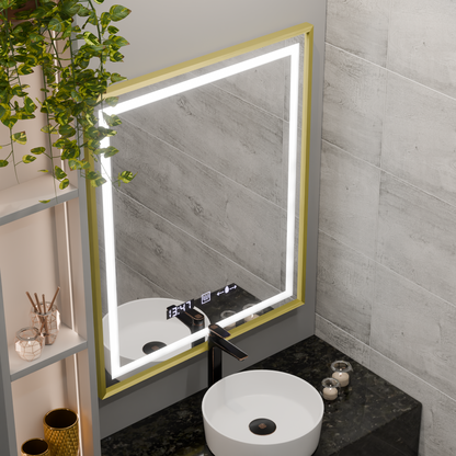 Oglinda LED Rectangulara 75x90 Verite Royale Gold MotionGlow Marcello, Sistem Dezaburire, Termometru si Ceas, Dimabila