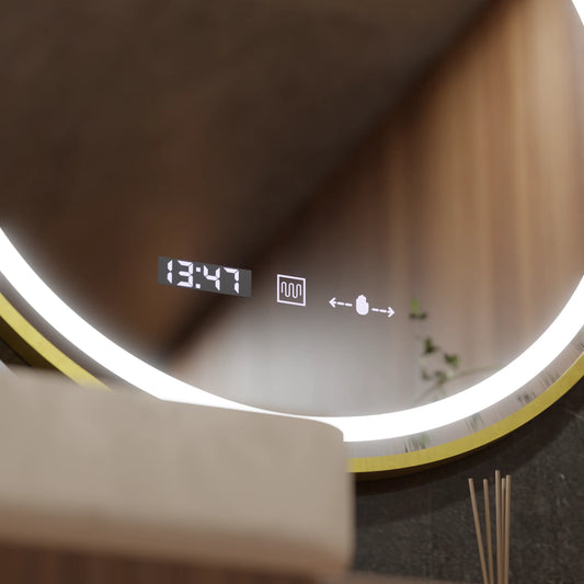 Oglinda LED Rotunda, 70cm, Celeste Royale Gold MotionGlow Marcello, Sistem Dezaburire, Ceas & Termometru, Dimabila