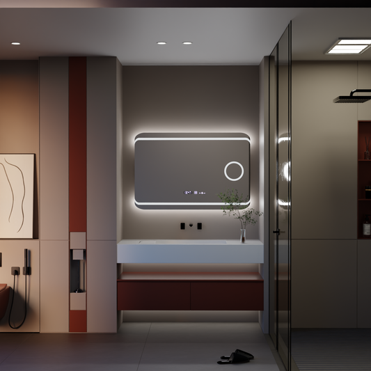 Oglinda LED Rectangulara, 100x60cm, Definition MotionGlow Marcello, Sistem Dezaburire, Ceas & Termometru, Lupa Cosmetica, Dimabila