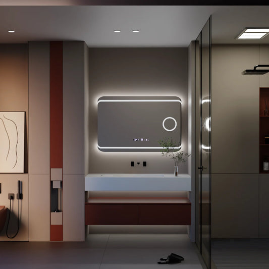 Oglinda LED Rectangulara, 100x60cm, Definition MotionGlow Marcello, Sistem Dezaburire, Ceas & Termometru, Lupa Cosmetica, Dimabila