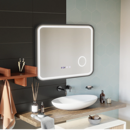 Oglinda LED Touch Bernd Sistem Dezaburire, Ceas si Temperatura 80x60 cm Rama Negru Brushed Lupa Cosmetica