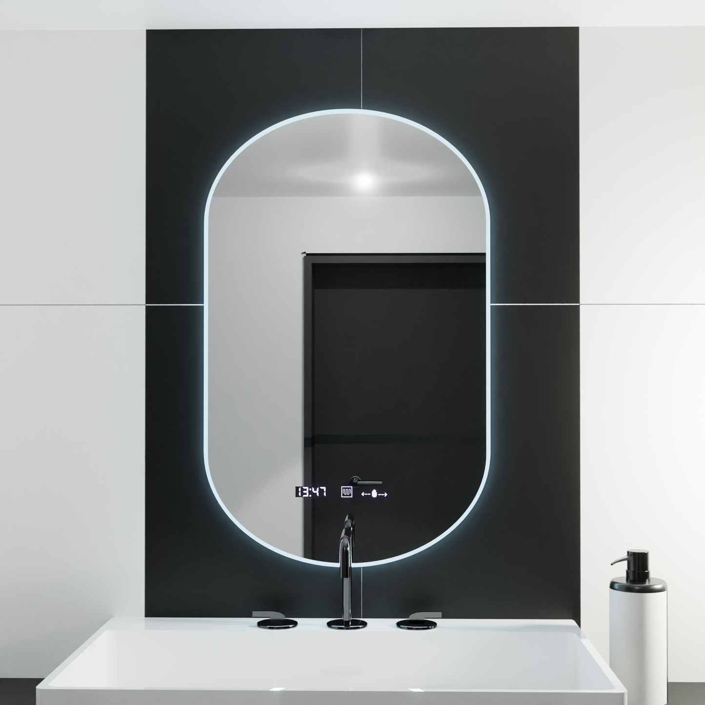 Oglinda LED Ovala, 50x80cm, Lucia Senzor Marcello, Sistem Dezaburire, Ceas & Termometru, Dimabila – oglindă LED, cu senz