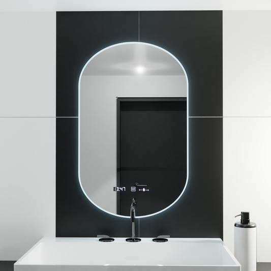 Oglinda LED Ovala, 50x80cm, Lucia Senzor Marcello, Sistem Dezaburire, Ceas & Termometru, Dimabila – oglindă LED, cu senz