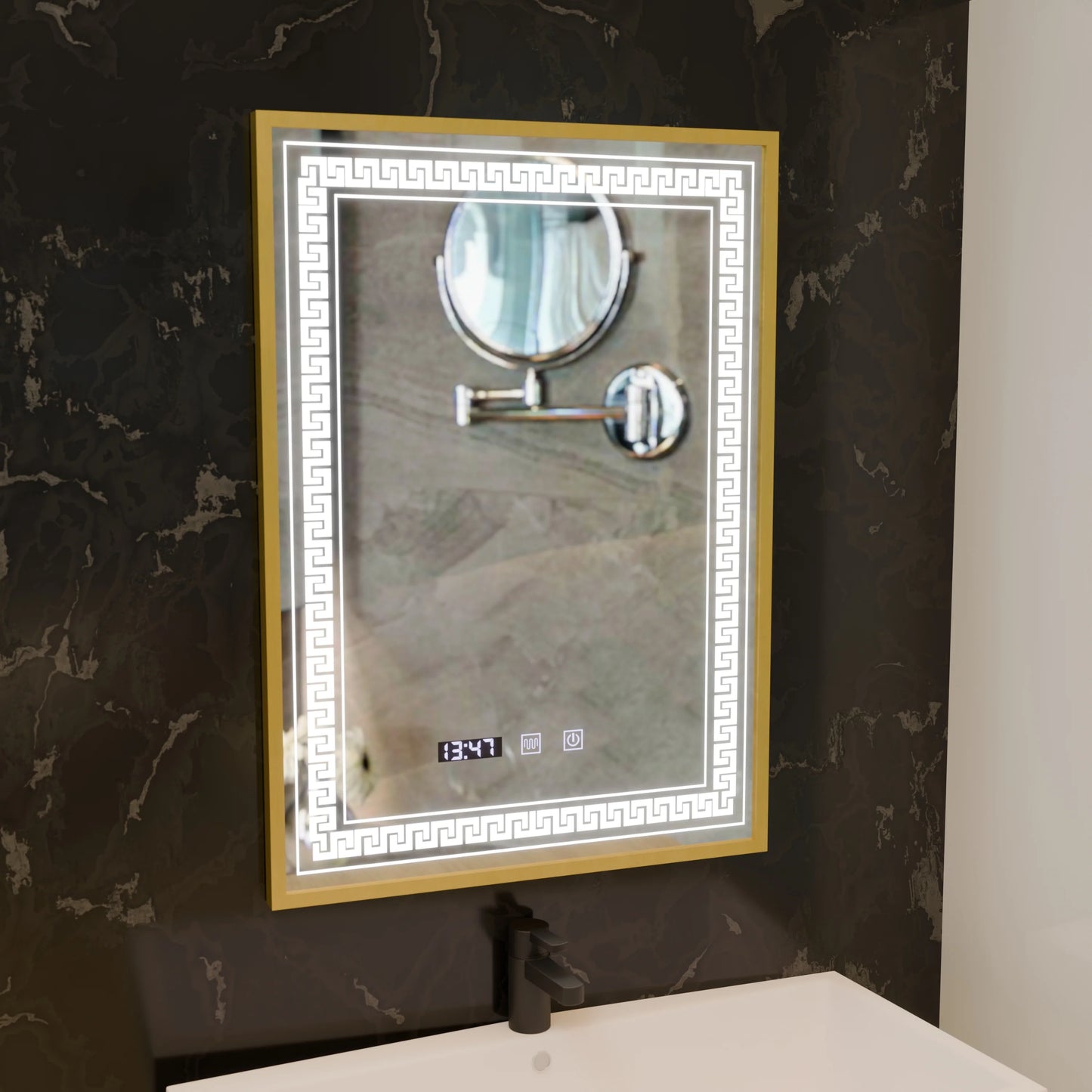 Oglinda LED Touch Bruno Sistem Dezaburire, Ceas si Temperatura 60x80 cm Rama Argintiu Brushed, S84/60X80