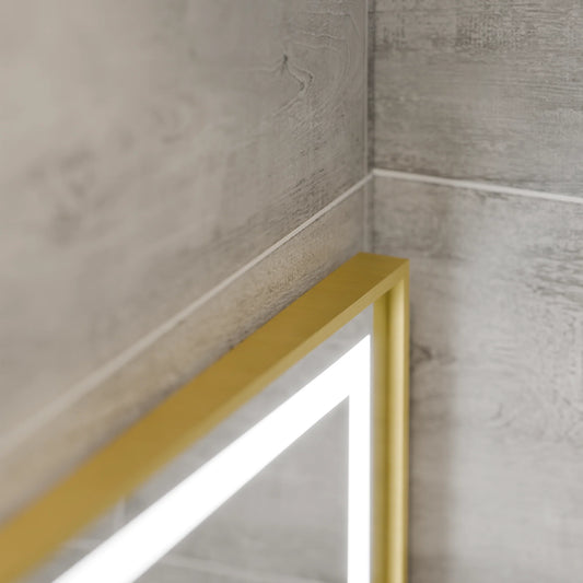 Oglinda LED Rectangulara, 120x80cm, Eclat MotionGlow Marcello, Sistem Dezaburire, Ceas & Termometru, Lupa Cosmetica, Dimabila, Rama Auriu Brushed