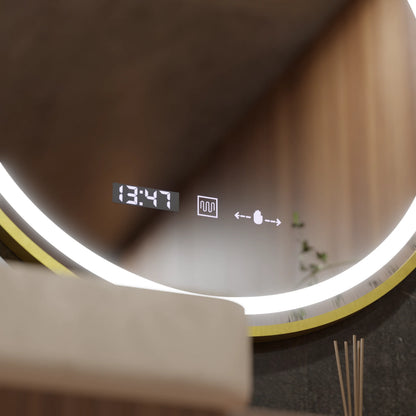 Oglinda LED Senzor MotionGlow Faratya Sistem Dezaburire Termometru si Ceas Rama Auriu Periat Rotunda Diametru 100 cm Lumina Rece/Calda/Neutra Dimabila Colectia Marcello Funghi