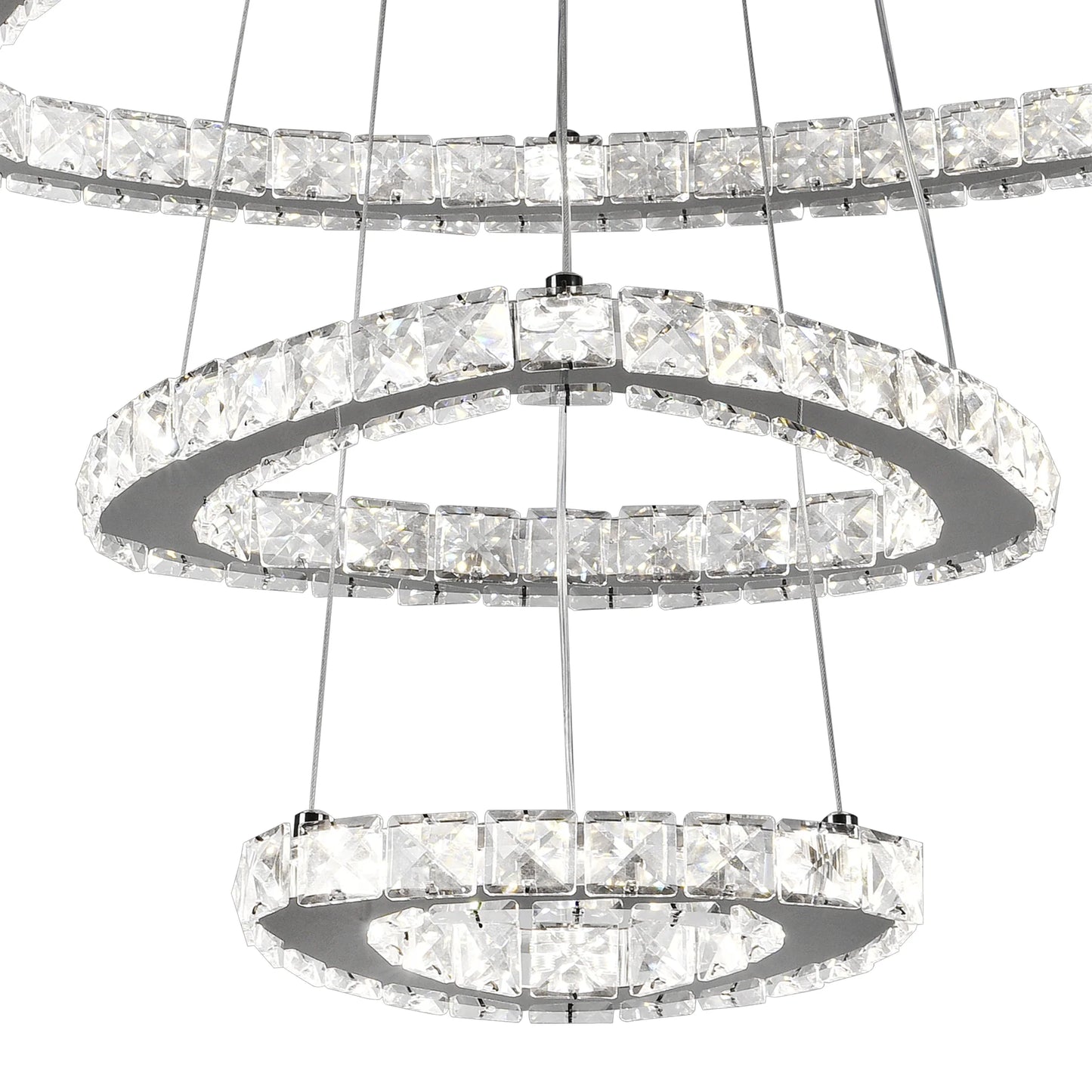 Lustra LED suspendata cu telecomanda si cristal LLC131/3CH 61W, 3 Cercuri, lumina Rece/Calda/Neutra, Dimabila, Crom Lucios, Inaltime Reglabila