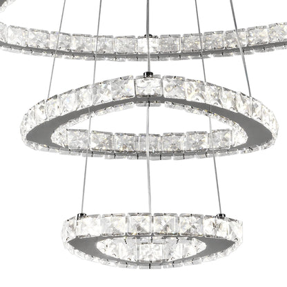 Lustra LED suspendata cu telecomanda si cristal LLC131/3CH 61W, 3 Cercuri, lumina Rece/Calda/Neutra, Dimabila, Crom Lucios, Inaltime Reglabila