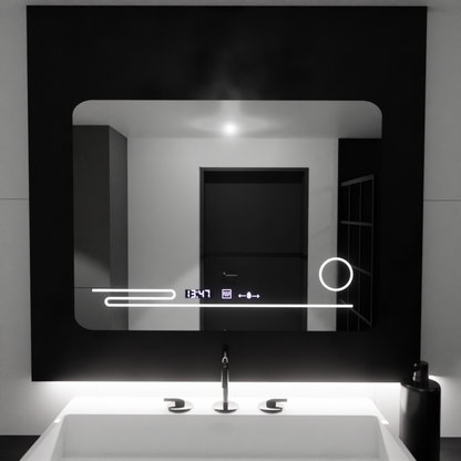 Oglinda LED Rectangulara, 80x60cm, Harmonie MotionGlow Marcello, Sistem Dezaburire, Termometru si Ceas, Lupa Cosmetica,