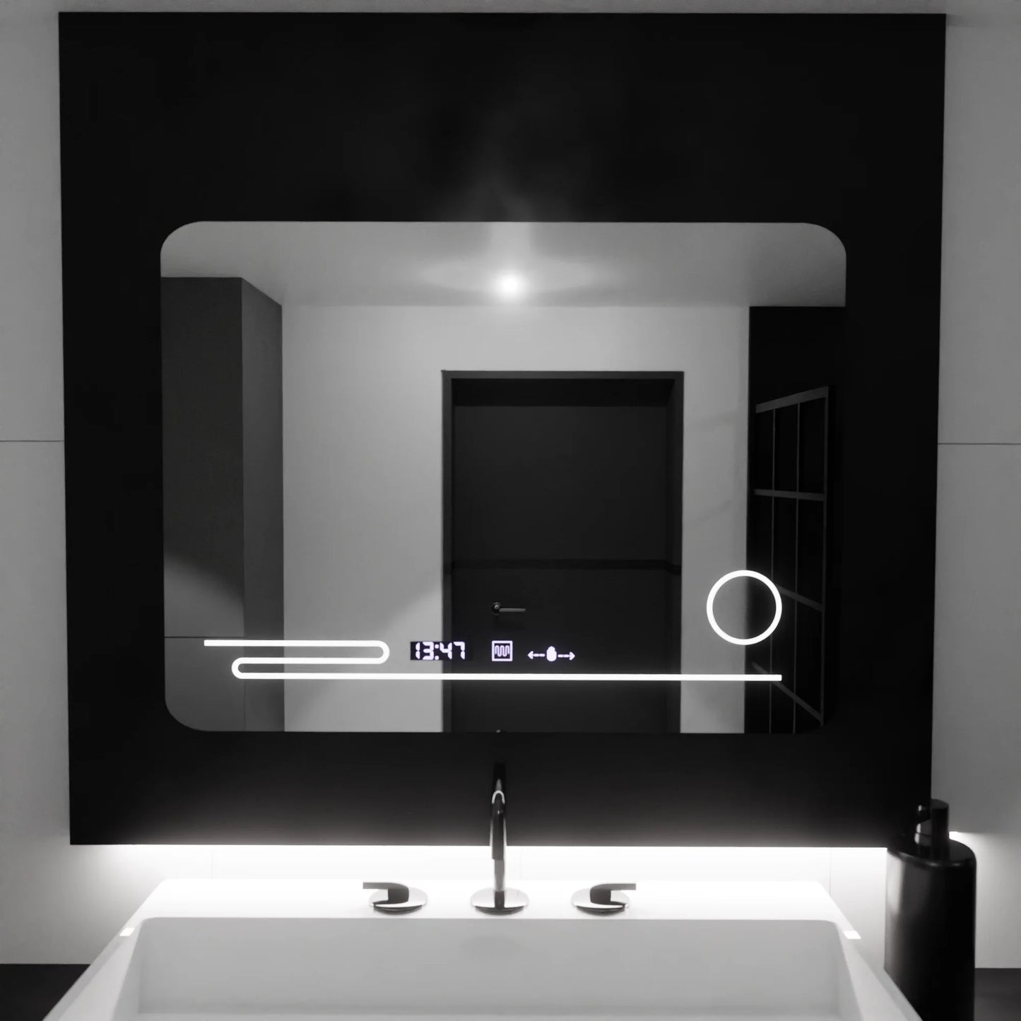 Oglinda LED Rectangulara, 80x60cm, Harmonie MotionGlow Marcello, Sistem Dezaburire, Termometru si Ceas, Lupa Cosmetica, Dimabila